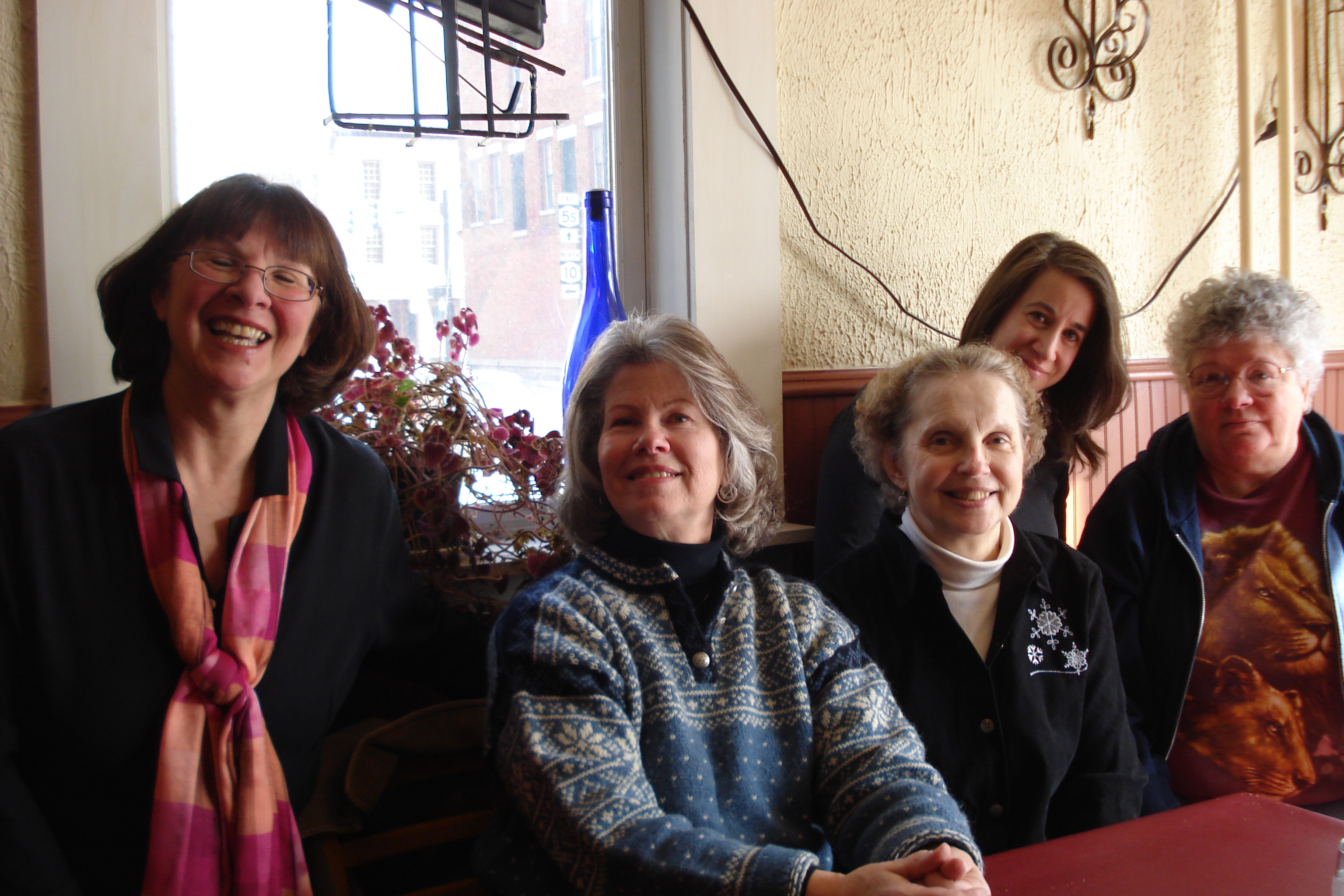 Friday, March 7: The first Maven's Mega-Mile Mystery Lunch in Canajoharie, NY. Good food and wonderful conversation - books, books, books! (L to R): Carol Pouliot, Susan Sundwell, Karen Mollenkopf-Lasher, Jenny Milchman, Angie Hogencamp.